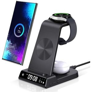3-in-1 Draadloos Oplaadstation met Klokdisplay - Compatibel met Smartphones, Horloges en Oordopjes - Oplaadstation