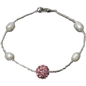 Zoetwater parel armband Pearl Stras Ball Pink - echte parels - wit - roze - zilver - stras steentjes - glitter