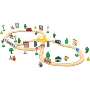 Playtive Houten Treinbaanset - Stimuleert de creativiteit, fantasie en fijne motoriek - Vanaf 2 jaar - Gemaakt van hoogwaardig hout - Alle voertuigen en treinen met magnetische koppelingen - Te combineren met andere trein en voertuigsets