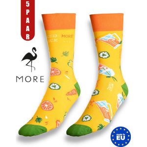 More Fashion - Dames Sokken Maat - 35 36 37 38 - 5-Pack - Leuk Asymmetrisch Print - Kleurrijk - Geel Juice - MADE IN EU