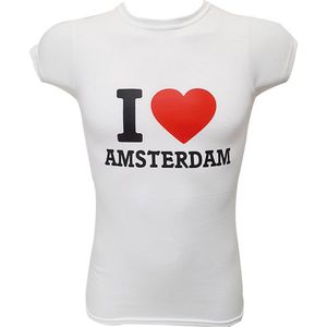 T-shirt dames I Love Amsterdam - wit - maat S