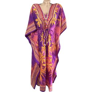 Kaftan - Jurk - Lang - Bloemenprint - Paars - Maat One size (161)