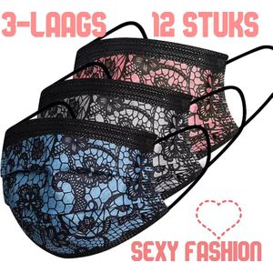 Allernieuwste 12 st SEXY Mondkapje - 3 kleuren Fashion Mode Mondmasker Niet-Medisch - 3x 4 Stuks Rose Blauw Zwart Kant