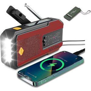 BSTNL Noodradio - AM/FM Radio - Noodfluit - Solar Powerbank - Survivalradio - Noodradio Solar Opwindbaar - Zaklamp - SOS Knop - Powerbank Zonneenergie- USB C - Noodpakket voor Thuis - Rood