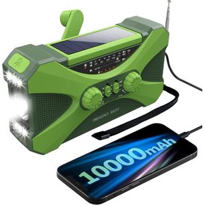 Draagbare noodradio - 10000mAh Zonnesolar handkraan, AM/FM/WB/NOAA Weerradio, meerdere oplaadbronnen, LED zaklamp, leeslamp, telefoonlader, SOS-alarm, koptelefoonjack (Groen)