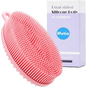 Metio - Siliconen Lichaamsborstel Dubbelzijdig - Doucheborstel voor Zachte Exfoliatie, Diepe Reiniging & Massage - Hygiënisch & Duurzaam - Roze