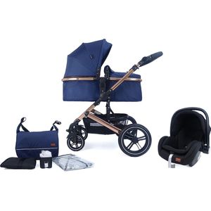 Pixini NEYLA 3 in 1 Wandelwagen, Trio, Kind, Autostoel, Accessoires (Goud/Blauw)