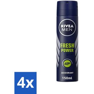 4 x Nivea - Men - Deodorant - Spray - Fresh Power - 48 Uur Lang Werkend - 150 ml - NIVEA MEN Deodorant - Anti-transpirant - 48 Uur Bescherming - Deodorant Spray - Frisse Geur