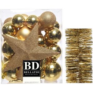 Kerstballen 5-6-8 cm 32x st met ster piek en slinger goud - kunststof