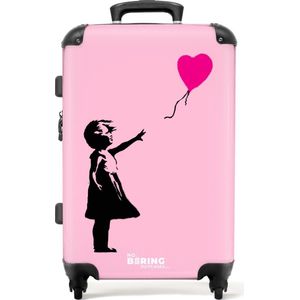 NoBoringSuitcases.com® - Koffer groot - Rolkoffer lichtgewicht - Meisje met wegvliegende roze hartjesballon - Reiskoffer met 4 wielen - Grote trolley XL - 20 kg bagage