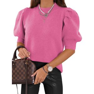 Women's Puff Sleeve Pullover Round Neck T-Shirt Summer Lightweight Knitted Jumper Puff Sleeves Elegant Stretch Blouse Plain Top Basic Sweatshirt Tops
