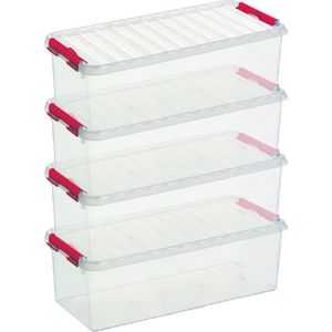 12x Sunware Q-Line opberg boxen/opbergdozen 9,5 liter 48,5 x 19 x 14,7 cm kunststof - Langwerpige/smalle opslagbox - Opbergbak kunststof transparant/rood