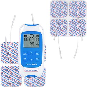 TensCare Perfect TENS + Extra 4x 50x50mm Elektrodenpads - Klinisch Bewezen TENS-apparaat voor Pijnbeheer bij Acute en Chronische Pijn | Dual Channel, 8 Programma's, en Draagbaar voor Gebruik Thuis en Onderweg
