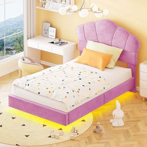 Sweiko Gestoffeerd Bed Kinderbed, 90*200cm, met LED-lichtstrip, Wolkvormig hoofdeinde, Verborgen voetbordontwerp, Jongens- en Meidenbed, Jeugdbed, Fluwelen stof, Roze (zonder matras)