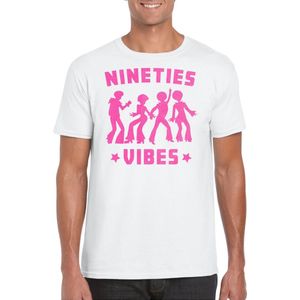 Bellatio Decorations Verkleed T-shirt voor heren - nineties vibes - wit - roze glitter - carnaval XS