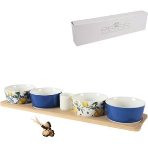 Tapas Set Mediterraans – 12-delig – Houten Dienblad (40 cm) met Keramieken Schaaltjes en Cocktailprikkers – Perfect voor Snacks en Tapas