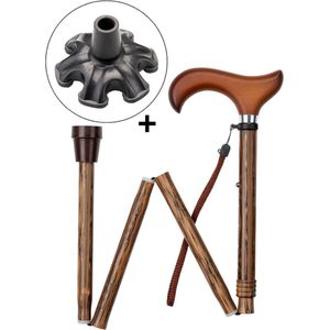 MultiMotion wandelstok opvouwbaar met hout print - Met ergonomisch comfort handvat en polsbandje - Loopstok - Verstelbaar 85 - 95 cm - Lichtgewicht - Incl. 6-poot stokdop