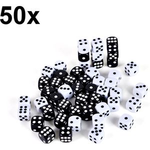 Decopatent - 50 STUKS Dobbelstenen ZWART en WIT - Set: 25x Zwart & 25x Witte Dobbelsteen - Afm 1.6 x 1.6 x 1.6 Cm - Dice - Dobbelen - Dobbelstenenset voor Bordspellen - Yahtzee - Bordspel - Gezelschapsspel - Voor Dobbelsteen Spelletje