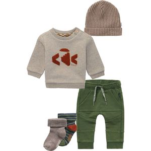 Noppies - Kledingset - 5 delig - Broek Jesolo groen - Sweater Ruvo Brown Melange - Muts Joliet Roebuck - 2 paar sokjes - Maat 62