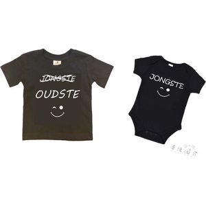 2-pack - T-shirt ""Oudste""- Grote broer/zus T-shirt - (maat 98/104) & Soft Touch Romper ""Jongste"" Zwart/wit maat 56/62 set van 2