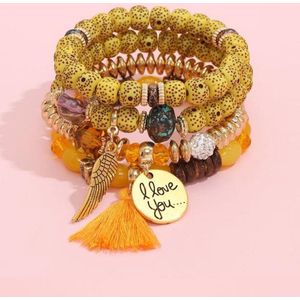 Akyol - I love you armband – Geel – Handgemaakte armband – Boho armband – Vriendschapsarmband – Kralenarmband –Leuk cadeau– 4-laags – Armbanden set