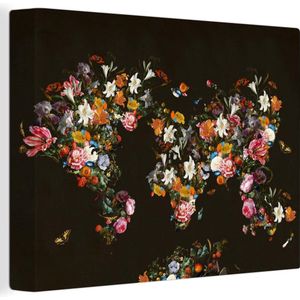 Wanddecoratie Wereldkaart - Bloemen - Insecten - Canvas - 80x60 cm