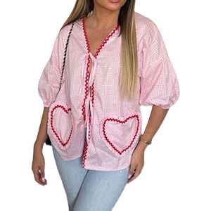 Dilena fashion Blouse hart design cotton katoen knotted roze streep