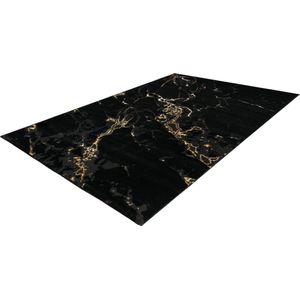 Lalee Marmaris Vloerkleed Superzacht Shiny 3D effect Marmerlook betonlook Tapijt laag polig Karpet maat 80x150 cm loper Zwart goud