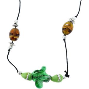 Behave Lange ketting van zwart touw met groene en bruine glaskralen