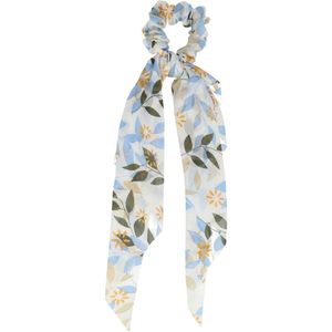 Haarsoires Haarelastiek Scrunchie – Bloemen en Blaadjes Patroon – 25cm Linten – Gladde Stof – Wit Blauw - Haarkrinkel - Haar Elastiek met Stof - Zacht & Haarvriendelijk