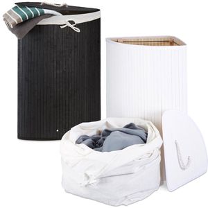 Relaxdays 2x wasmand bamboe - wasmanden met deksel - driehoek - 60 L - wit - zwart