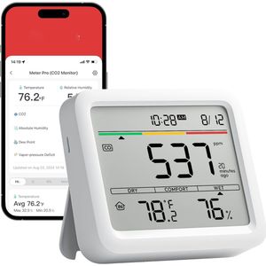 CO2 Meter voor Binnen - Temperatuur- en Luchtvochtigheidsmeter met App - Bluetooth Luchtkwaliteitsmeter - CO2 Detector voor Thuisgebruik - Luchtkwaliteit Monitor - Compatibel met WiFi via Hub - Smart Binnenklimaat Sensor