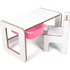 Industrial Living Kindertafel met roze lade - Activiteitentafel met kinderstoel - Speeltafel - Tekentafel - Kinderbureau - Hout - Wit