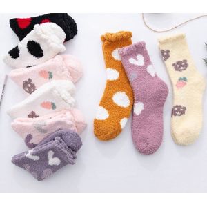 Sokken dames - 5 paar - Fluffy - huissokken - print stippen - sterren - hartjes - roze - wit - beige - 36- 40