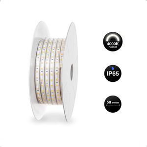 LED Strip 50 meter - 220V- IP65 - 4000K Helder Wit licht - 60 LEDs p/m - Buitenverlichting - Werkverlichting - Plug & Play