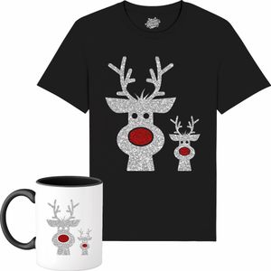 Rendier Buddies - Foute Kersttrui Kerstcadeau - Dames / Heren / Unisex Kleding - Grappige Kerst Outfit - Glitter Look - T-Shirt met mok - Unisex - Zwart - Maat 4XL
