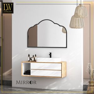 LW Collection wandspiegel zwart halfrond 81x53 cm metaal - grote spiegel muur - industrieel - woonkamer gang - badkamerspiegel - muurspiegel slaapkamer zwarte rand - hangspiegel met luxe design
