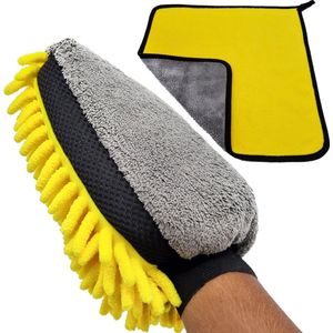 Auto Handschoen + Doek | Microvezel Schoonmaak Spons | Autospons | Washandschoen | Auto Wassen | Schoonmaakspons | Schoonmaakdoek | Poetsdoek | Grijs/Geel