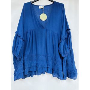 Oversized katoenen blouse tuniek - driekwart mouwen - volants - kleur DONKER BLAUW - onesize