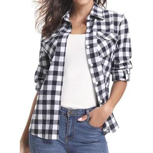 Geruite damesblouse met lange mouwen en knoopsluiting - Casual flanellen blouse zwart/wit