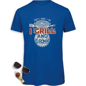 Heren t Shirt met BBQ opdruk - Mannen tShirt grappig Grill and Drink print - Maten: S M L XL XXL XXXL - Shirt kleuren: zwart, rood, urban oranje en royal blauw.