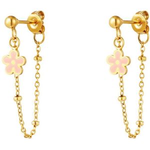 Yehwang - Earrings flower chain - roze - rvs - oorbellen - kettinkje - bloemetje