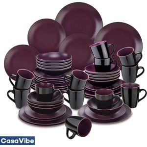 CasaVibe Luxe Serviesset – 48 delig – 12 persoons – Porselein - Bordenset – Dinner platen – Dessertborden - Kommen - Mokken - Set - Paars - Zwart