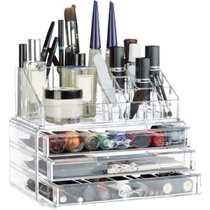 Relaxdays make up organizer - 2-delig - lades - cosmetica - lippenstift - nagellak - stapelbaar - transparant