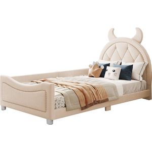 Merax Kinderbed 90x200 in Teddy Stof - Gestoffeerd Eenpersoonsbed - Slaapbank - Massief Houten Bedframe - Beige