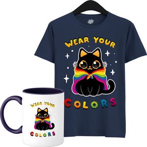 Schattige Pride Vlag Kat - Unisex T-Shirt Mannen en Vrouwen - LGBTQ+ Suporter Kleding - Gay Progress Pride Shirt - Rainbow Community - T-Shirt met mok - Unisex - Navy Blauw - Maat 3XL