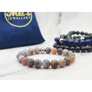 Mei's | Handmade Earth Stones | Polsmaat 17,5 cm / Botswana Agaat / armband dames mannen / handgemaakte sieraad | Edelsteen / 316L Roestvrij Staal / Stainless Steel | Bruin / Beige