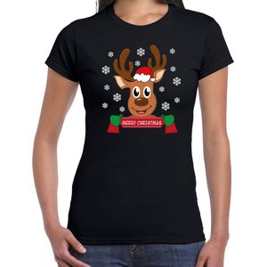 Bellatio Decorations fout kersttrui t-shirt dames - Rendier - zwart - Merry Christmas XS