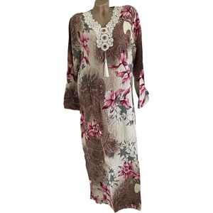 Kaftan/jurk lang gebloemd met borduursel M roze/taupe