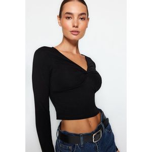 Trendyol Bordeauxrode Katoenen Cropped Gebreide Blouse Met Stretch Op De Borst Twoaw24Bz00098